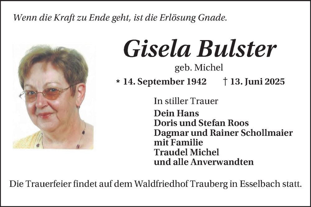  Traueranzeige für Gisela Bulster vom 21.06.2025 aus Mannheimer Morgen