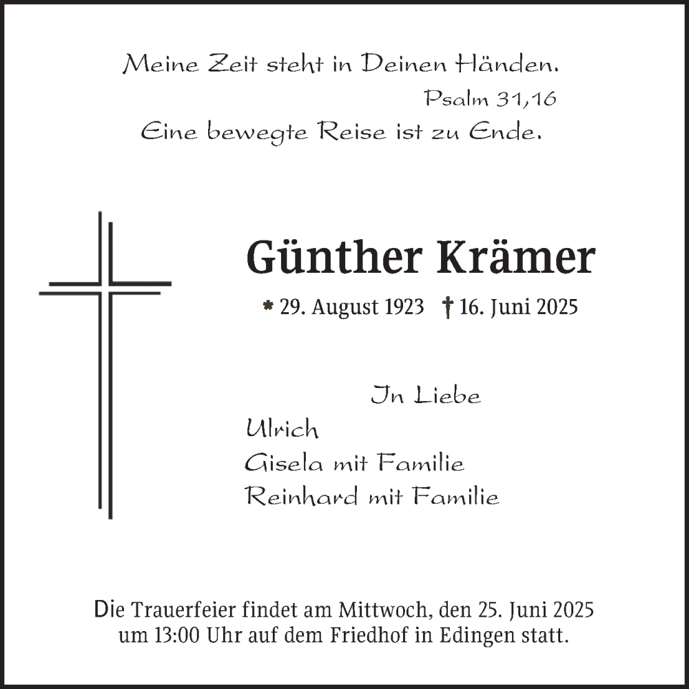  Traueranzeige für Günther Krämer vom 21.06.2025 aus Mannheimer Morgen