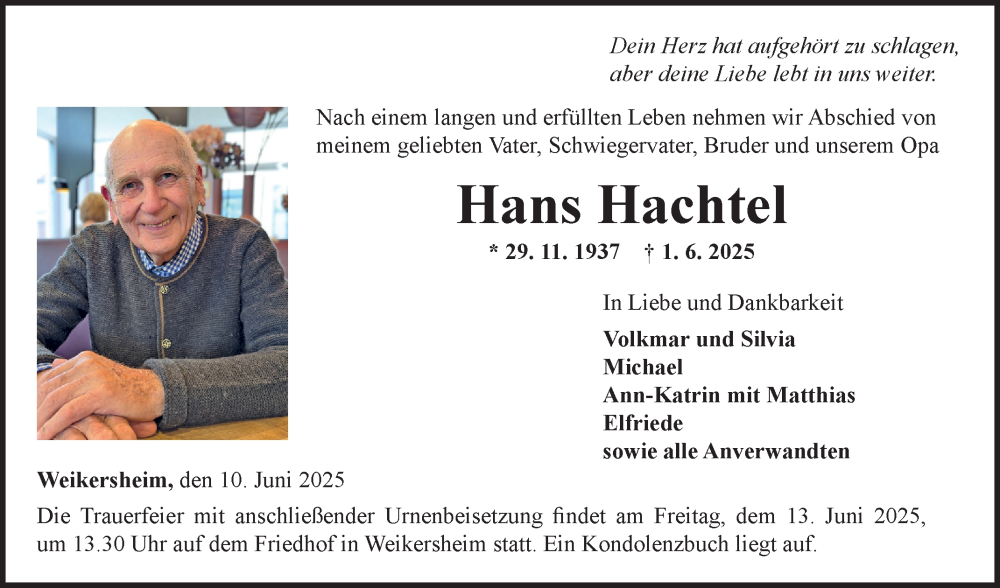  Traueranzeige für Hans Hachtel vom 10.06.2025 aus Fränkische Nachrichten