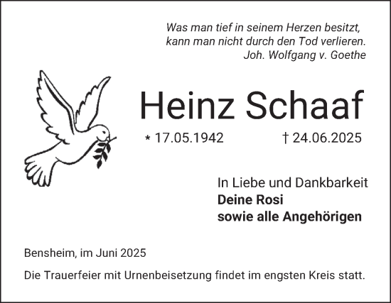 Traueranzeige von Heinz Schaaf von Bergsträßer Anzeiger