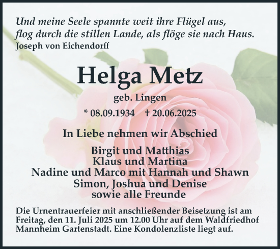 Traueranzeige von Helga Metz von Mannheimer Morgen