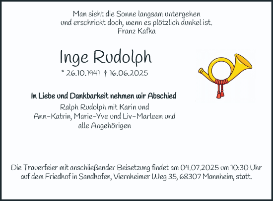 Traueranzeige von Inge Rudolph von Mannheimer Morgen