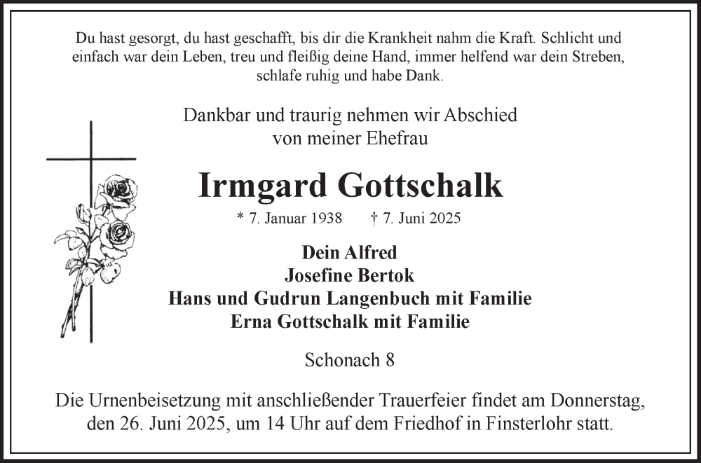  Traueranzeige für Irmgard Gottschalk vom 23.06.2025 aus Fränkische Nachrichten
