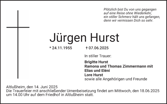 Traueranzeige von Jürgen Hurst von Schwetzinger Zeitung