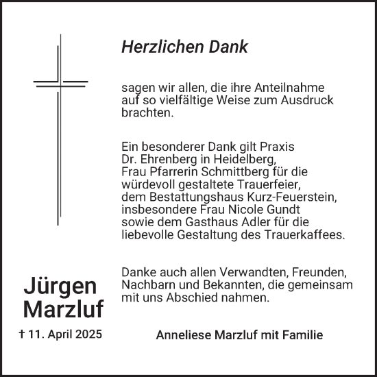 Traueranzeige von Jürgen Marzluf von Schwetzinger Zeitung