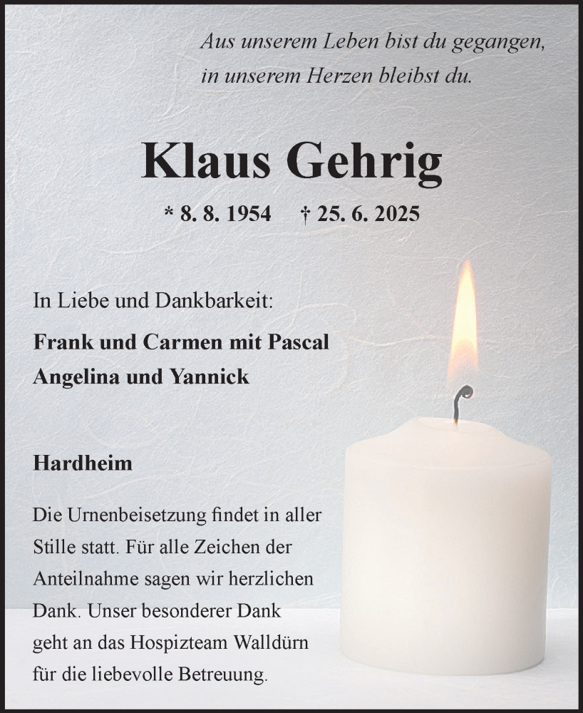  Traueranzeige für Klaus Gehrig vom 30.06.2025 aus Fränkische Nachrichten