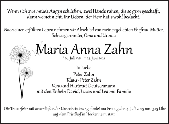 Traueranzeige von Maria Anna Zahn von Schwetzinger Zeitung