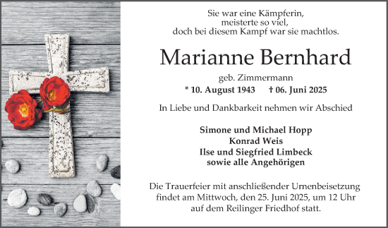 Traueranzeige von Marianne Bernhard von Schwetzinger Zeitung