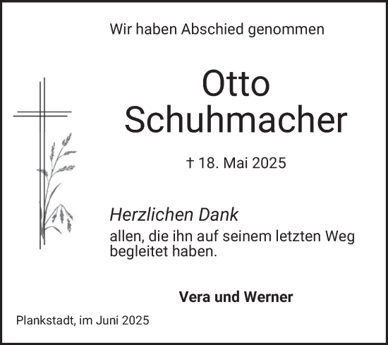 Traueranzeige von Otto Schuhmacher von Schwetzinger Zeitung