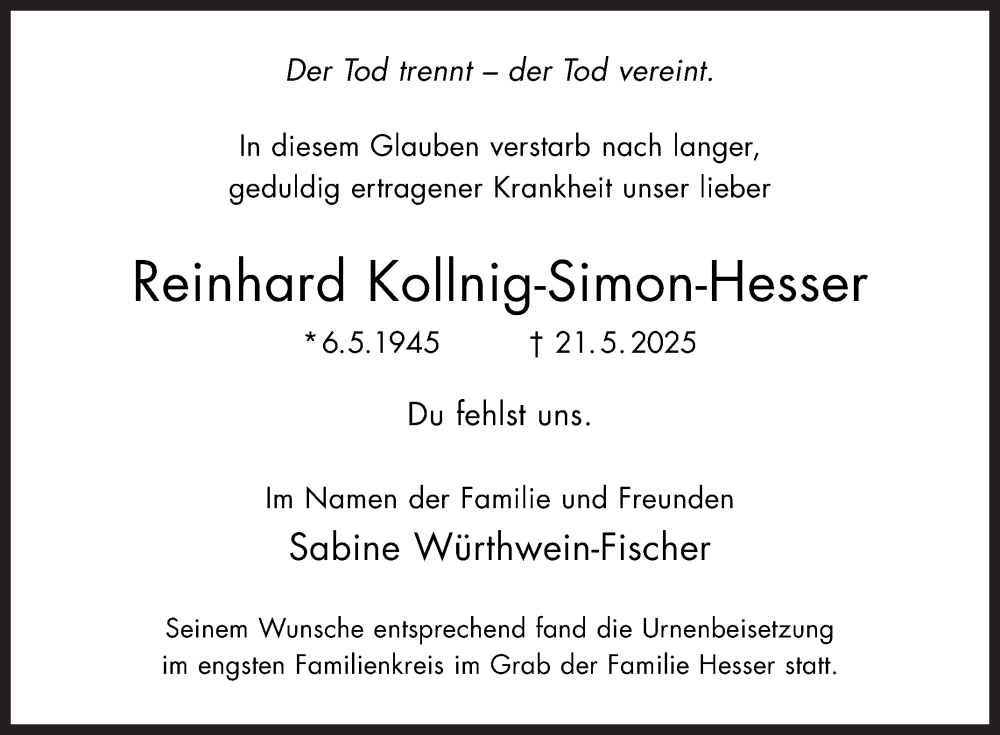  Traueranzeige für Reinhard Kollnig-Simon-Hesser vom 07.06.2025 aus Mannheimer Morgen