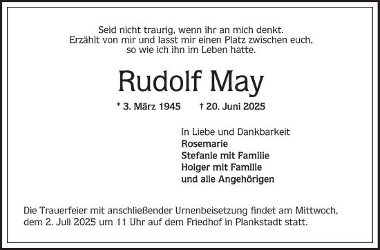 Traueranzeige von Rudolf May von Schwetzinger Zeitung