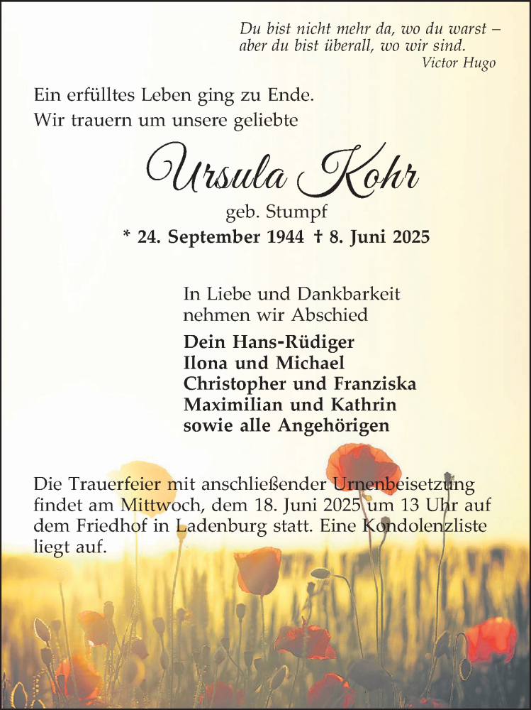  Traueranzeige für Ursula Kohr vom 14.06.2025 aus Mannheimer Morgen