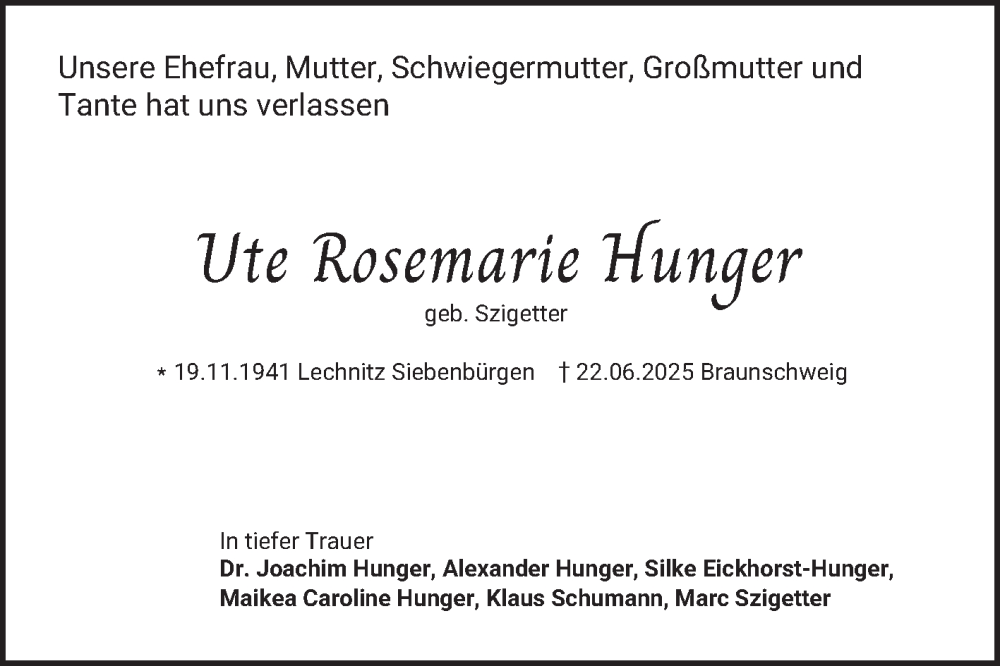  Traueranzeige für Ute Rosemarie Hunger vom 28.06.2025 aus Mannheimer Morgen
