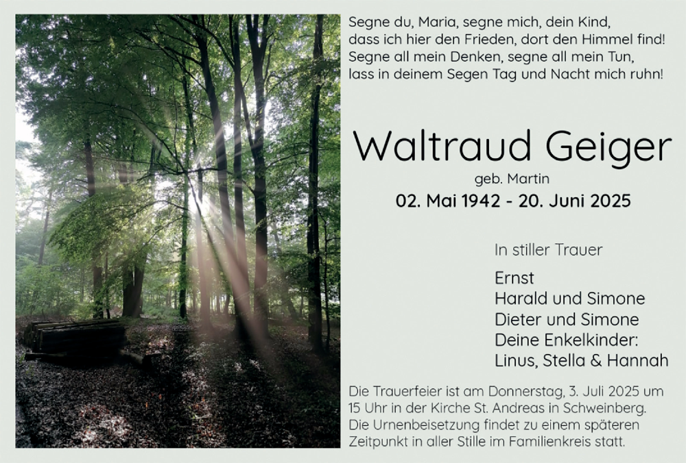  Traueranzeige für Waltraud Geiger vom 28.06.2025 aus Fränkische Nachrichten
