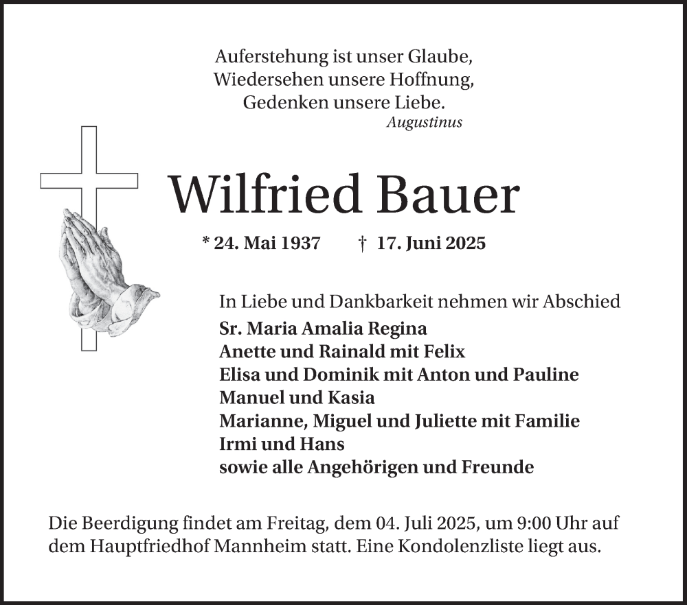  Traueranzeige für Wilfried Bauer vom 28.06.2025 aus Mannheimer Morgen