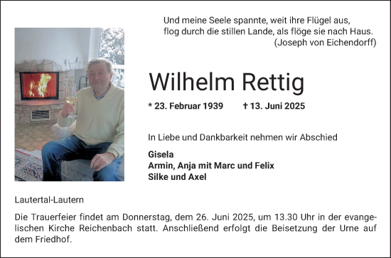 Traueranzeige von Wilhelm Rettig von Bergsträßer Anzeiger