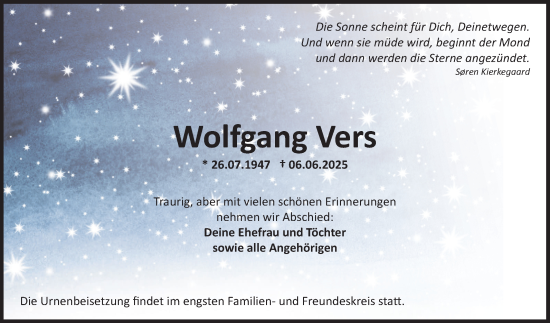 Traueranzeige von Wolfgang Vers von Fränkische Nachrichten