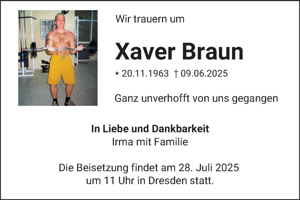  Traueranzeige für Xaver Braun vom 28.06.2025 aus Schwetzinger Zeitung