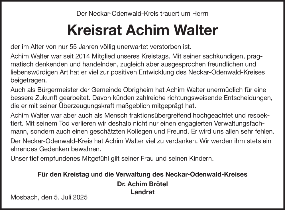  Traueranzeige für Achim Walter vom 05.07.2025 aus Fränkische Nachrichten