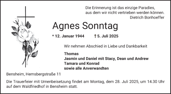 Traueranzeige von Agnes Sonntag von Bergsträßer Anzeiger