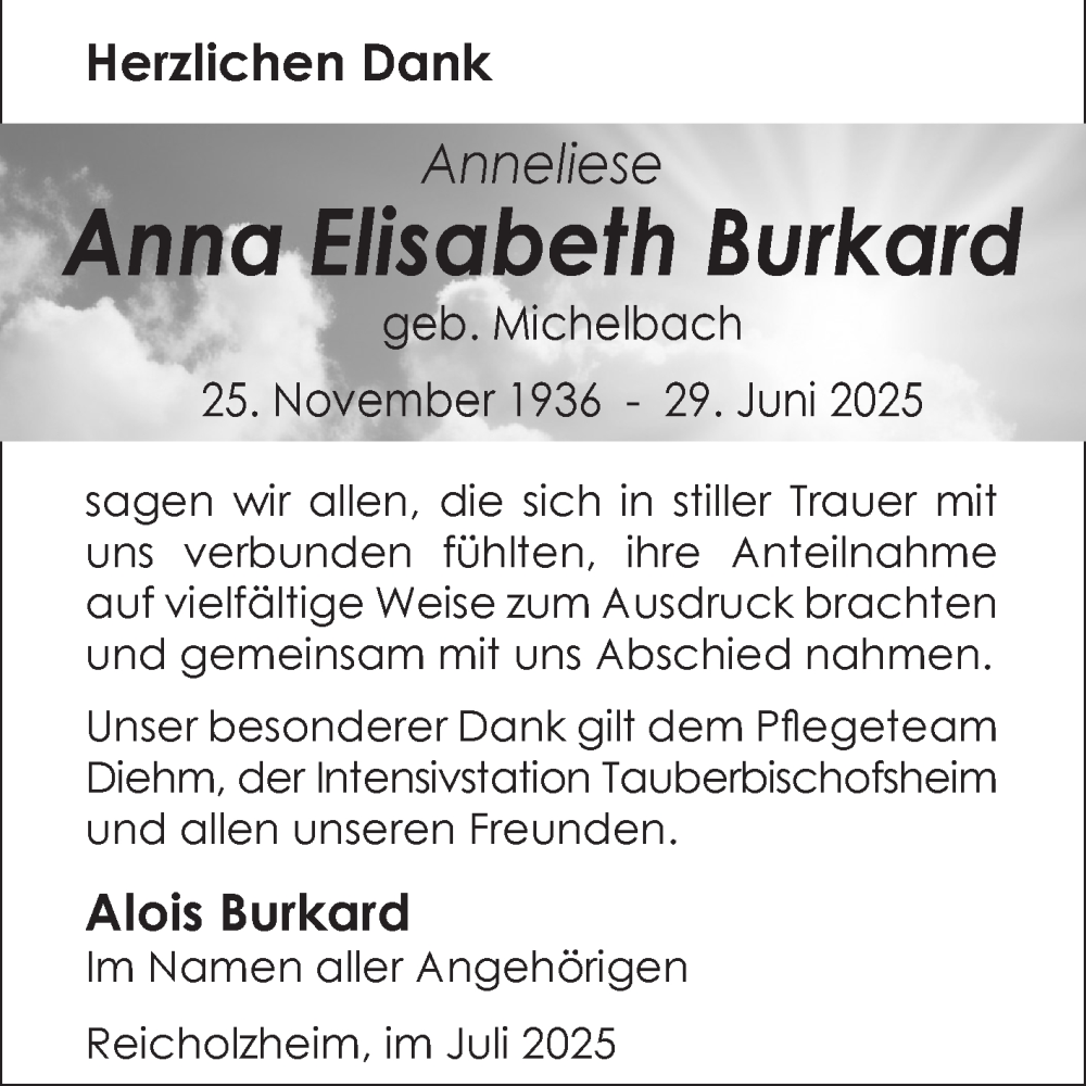  Traueranzeige für Anna Elisabeth Burkard vom 26.07.2025 aus Fränkische Nachrichten