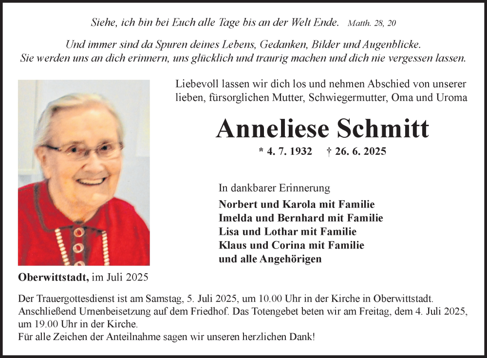 Traueranzeige für Anneliese Schmitt vom 02.07.2025 aus Fränkische Nachrichten