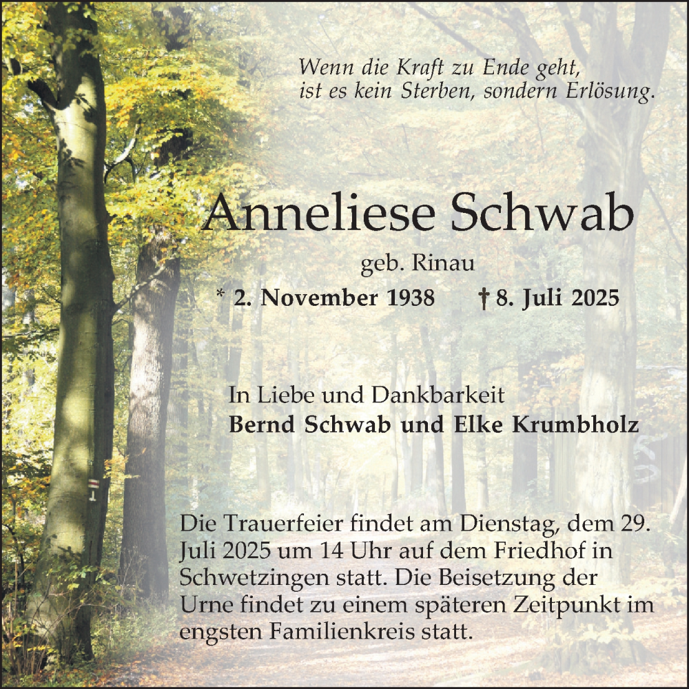  Traueranzeige für Anneliese Schwab vom 26.07.2025 aus Schwetzinger Zeitung