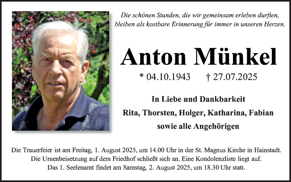  Traueranzeige für Anton Münkel vom 30.07.2025 aus Fränkische Nachrichten
