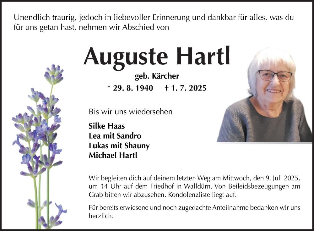  Traueranzeige für Auguste Hartl vom 05.07.2025 aus Fränkische Nachrichten