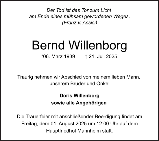 Traueranzeige von Bernd Willenborg von Mannheimer Morgen
