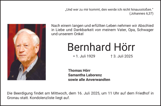 Traueranzeige von Bernhard Hörr von Bergsträßer Anzeiger