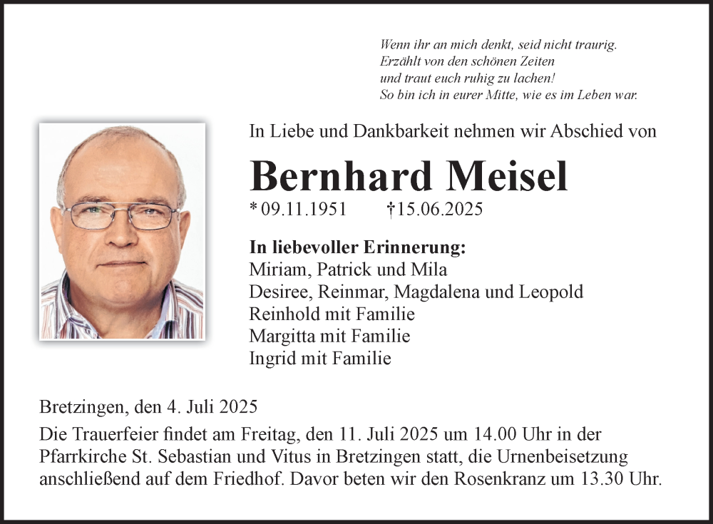  Traueranzeige für Bernhard Meisel vom 04.07.2025 aus Fränkische Nachrichten