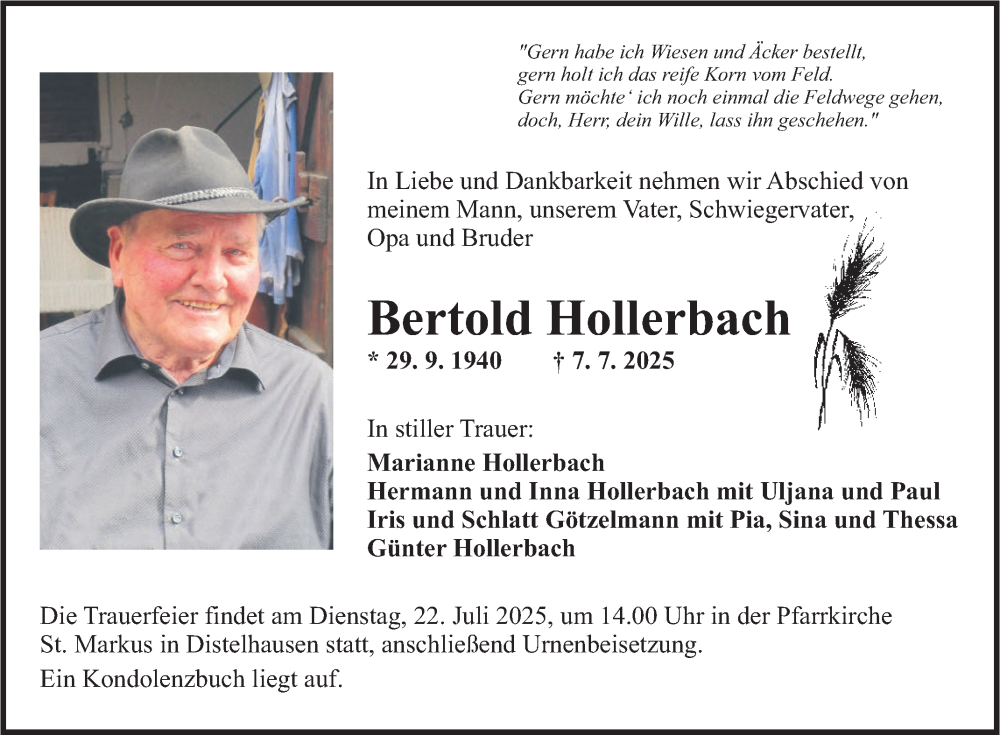  Traueranzeige für Bertold Hollerbach vom 12.07.2025 aus Fränkische Nachrichten