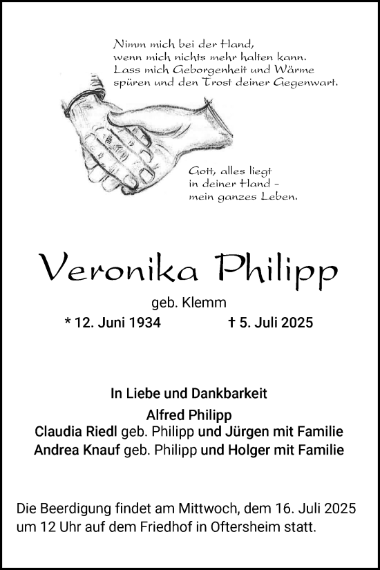Traueranzeige von Veronika Philipp von Schwetzinger Zeitung