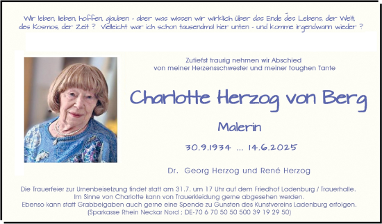Traueranzeige von Charlotte Herzog von Berg von Mannheimer Morgen