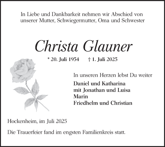 Traueranzeige von Christa Glauner von Schwetzinger Zeitung