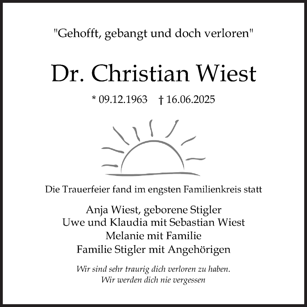  Traueranzeige für Christian Wiest vom 26.07.2025 aus Schwetzinger Zeitung