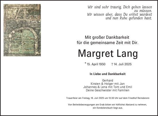 Traueranzeige von Margret Lang von Fränkische Nachrichten
