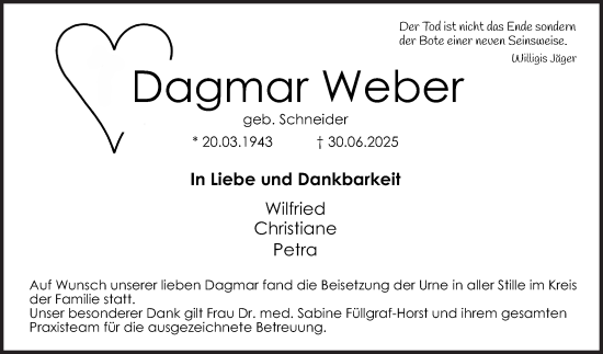 Traueranzeige von Dagmar Weber von Mannheimer Morgen