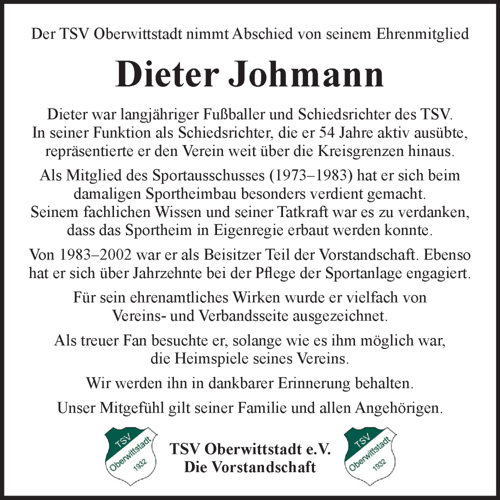  Traueranzeige für Dieter Johmann vom 02.07.2025 aus Fränkische Nachrichten