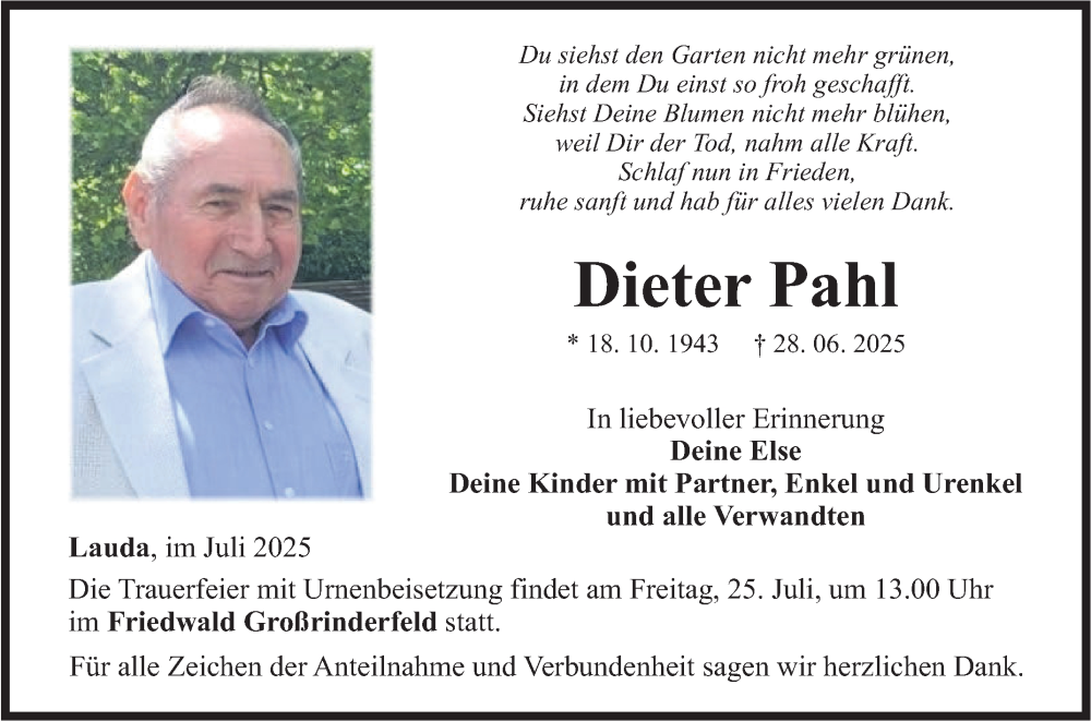  Traueranzeige für Dieter Pahl vom 19.07.2025 aus Fränkische Nachrichten
