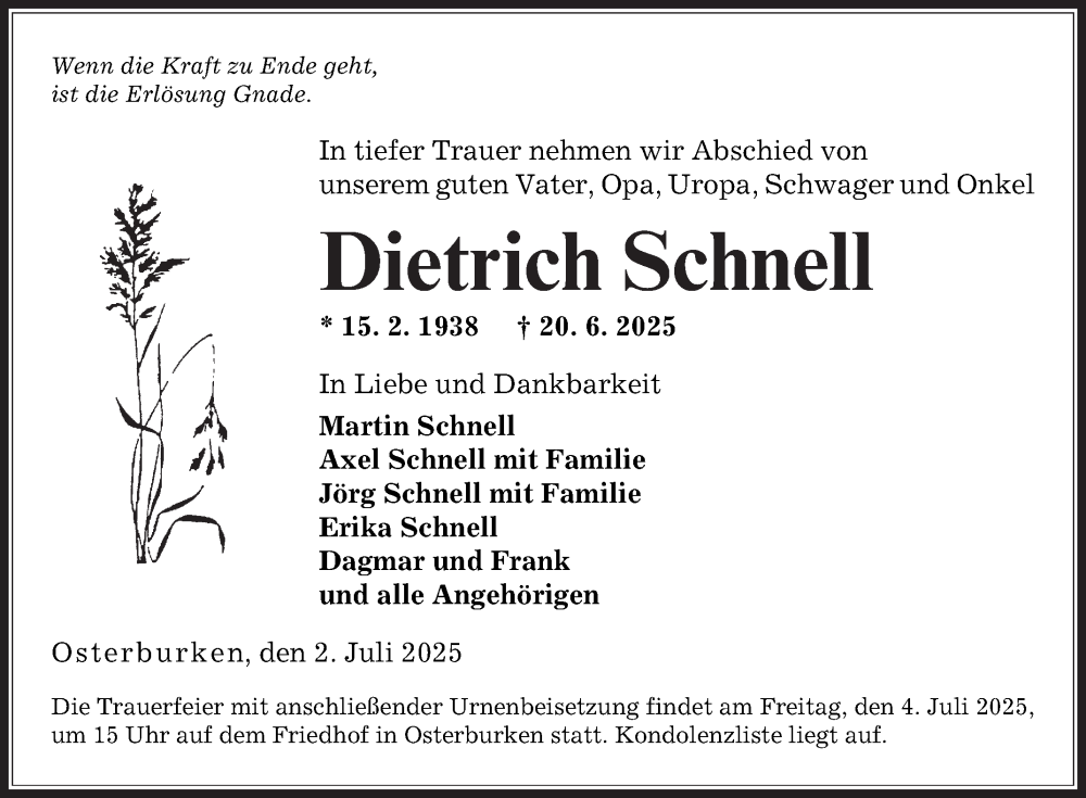  Traueranzeige für Dietrich Schnell vom 02.07.2025 aus Fränkische Nachrichten