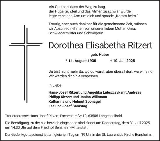Traueranzeige von Dorothea Elisabetha Ritzert von Bergsträßer Anzeiger