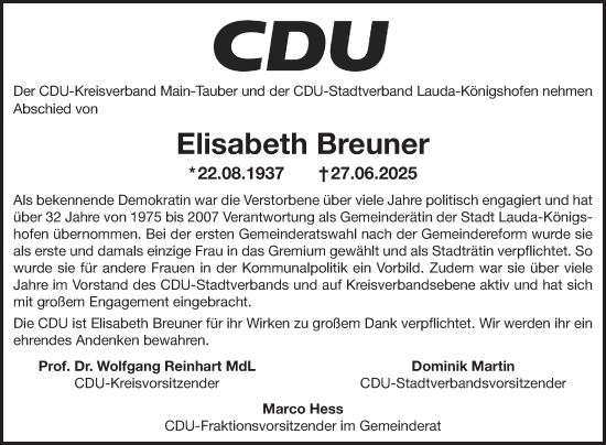 Traueranzeige von Elisabeth Breuner von Fränkische Nachrichten