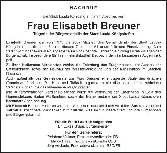 Traueranzeige von Elisabeth Breuner von Fränkische Nachrichten