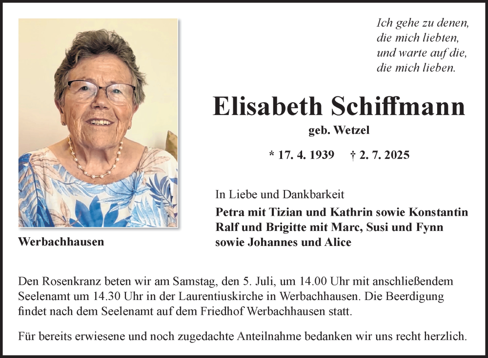  Traueranzeige für Elisabeth Schiffmann vom 04.07.2025 aus Fränkische Nachrichten