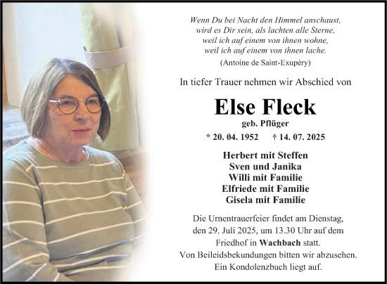 Traueranzeige von Else Fleck von Fränkische Nachrichten