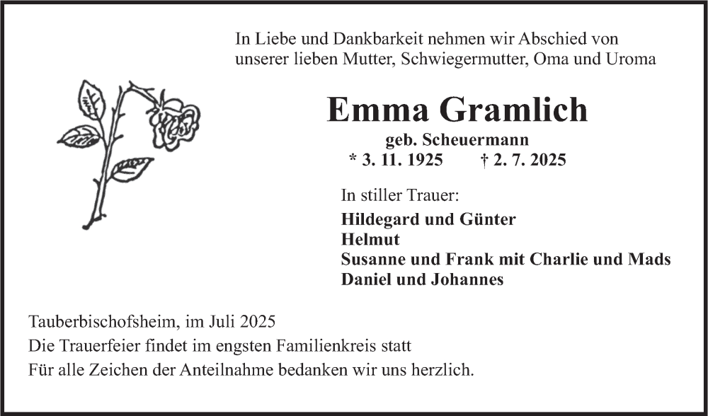  Traueranzeige für Emma Gramlich vom 05.07.2025 aus Fränkische Nachrichten