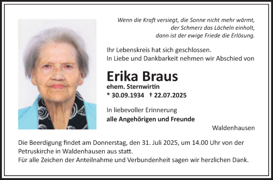 Traueranzeige von Erika Braus von Fränkische Nachrichten