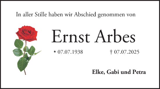 Traueranzeige von Ernst Arbes von Bergsträßer Anzeiger